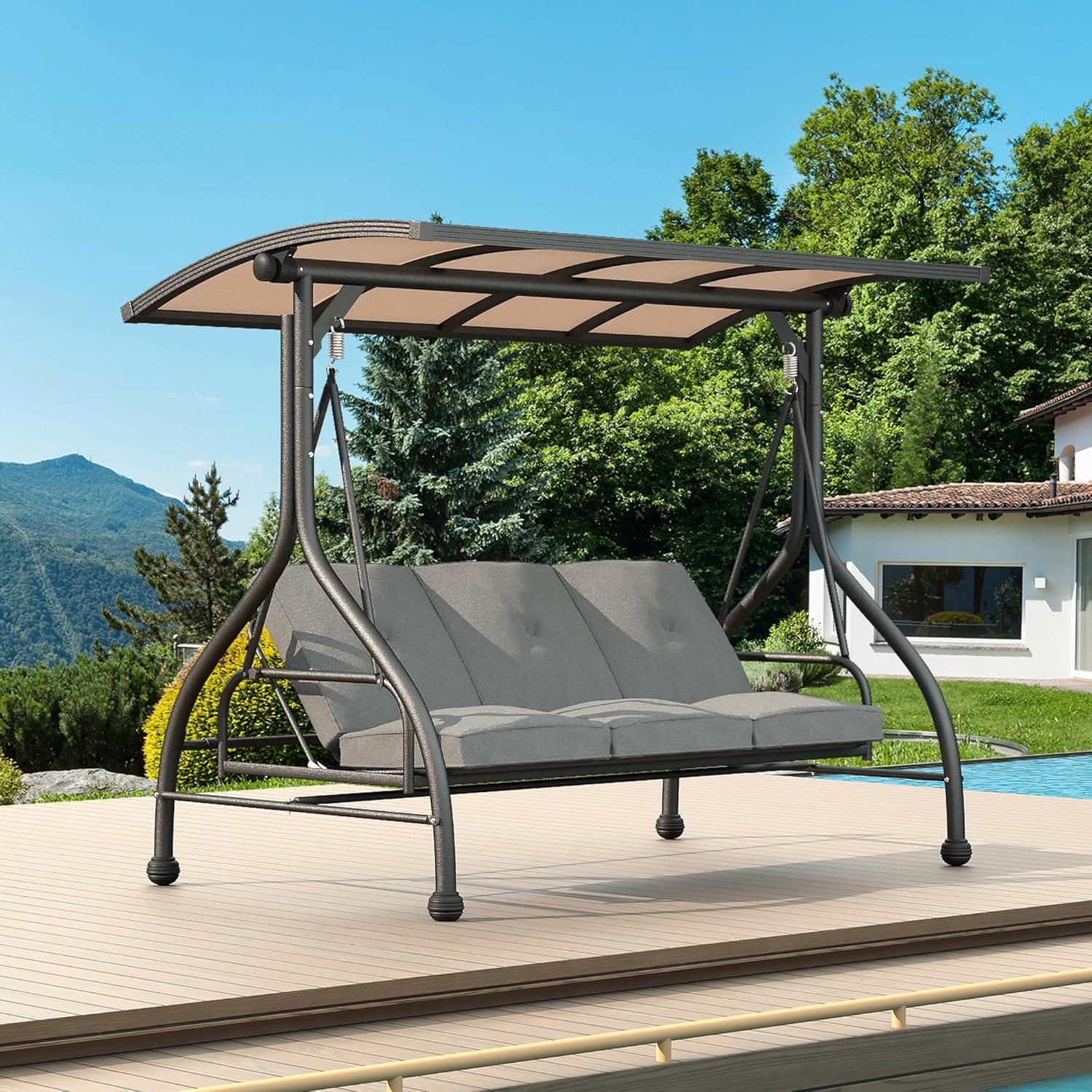 3-Seat Porch Swing,Outdoor Patio Swing with Adjustable PVC Hardtop Canopy, 2-in-1 Swing Chair Bench with Cushion for Backyard, Garden, Lawn, Grey