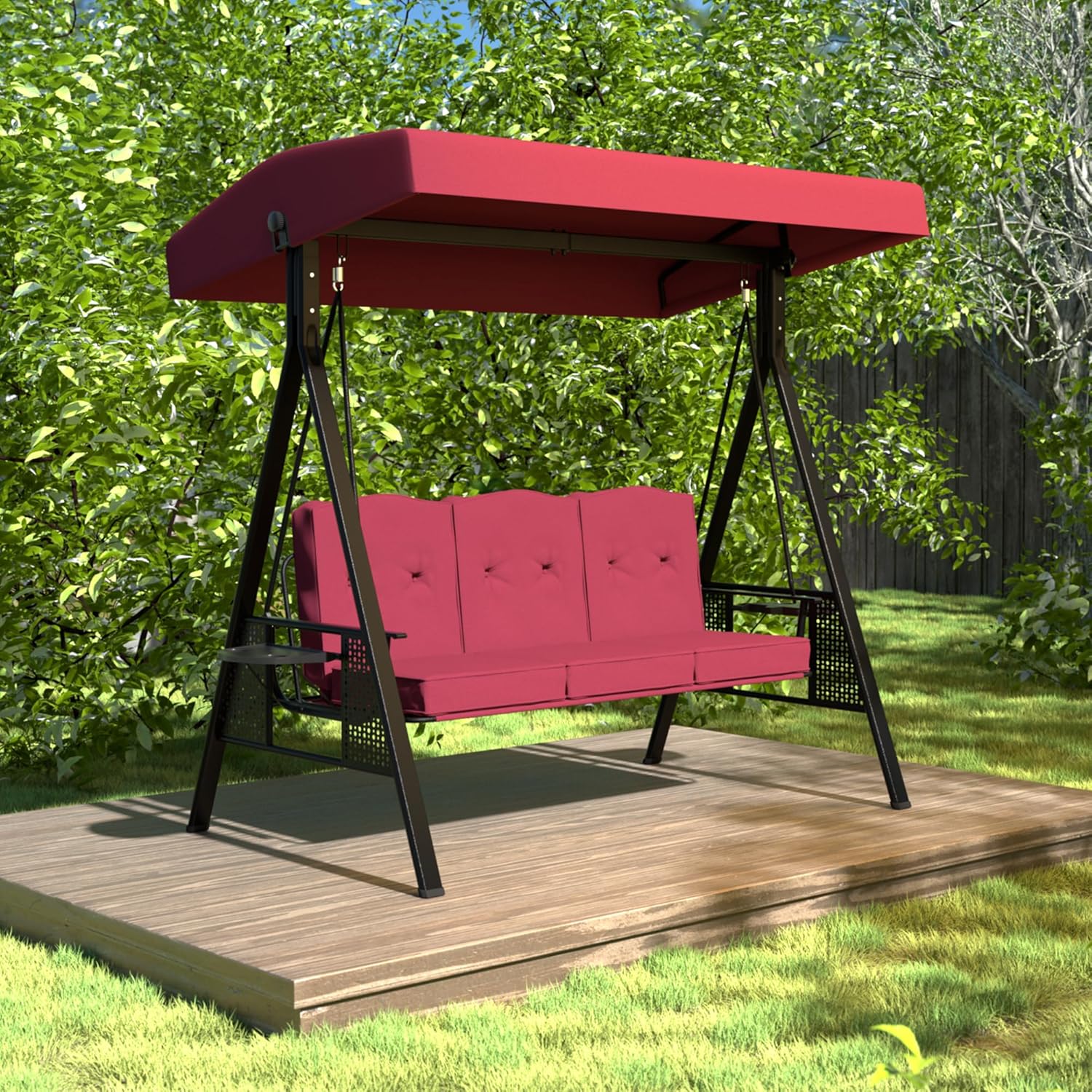 Patio Porch Swing Chair with Canopy, 3-Person Outdoor Canopy Swing Glider with Stand, Cushions and Side Table for Outside, 2-in-1 Swing Chair Bench with Cushion for Backyard,Wine Red