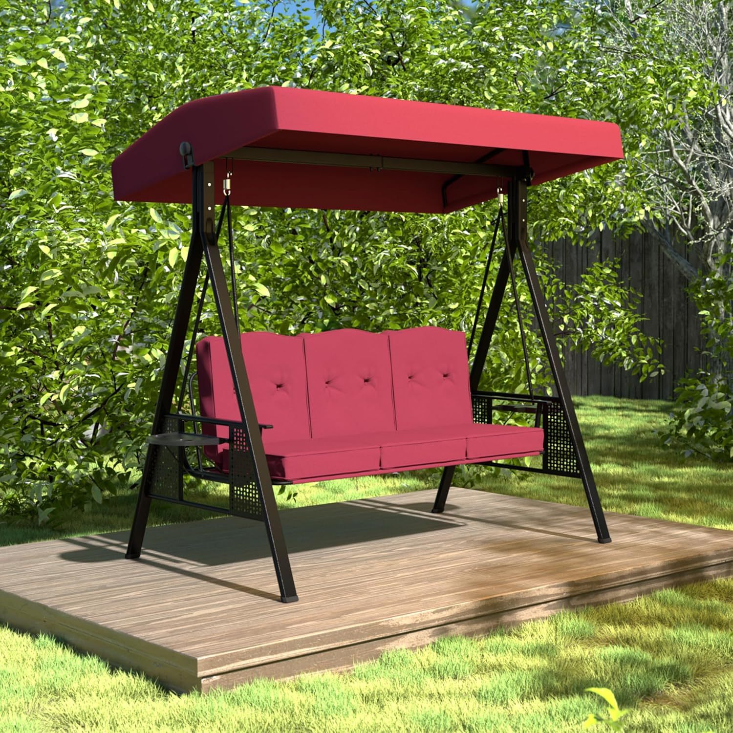 Patio Porch Swing Chair with Canopy, 3-Person Outdoor Canopy Swing Glider with Stand, Cushions and Side Table for Outside, 2-in-1 Swing Chair Bench with Cushion for Backyard,Wine Red
