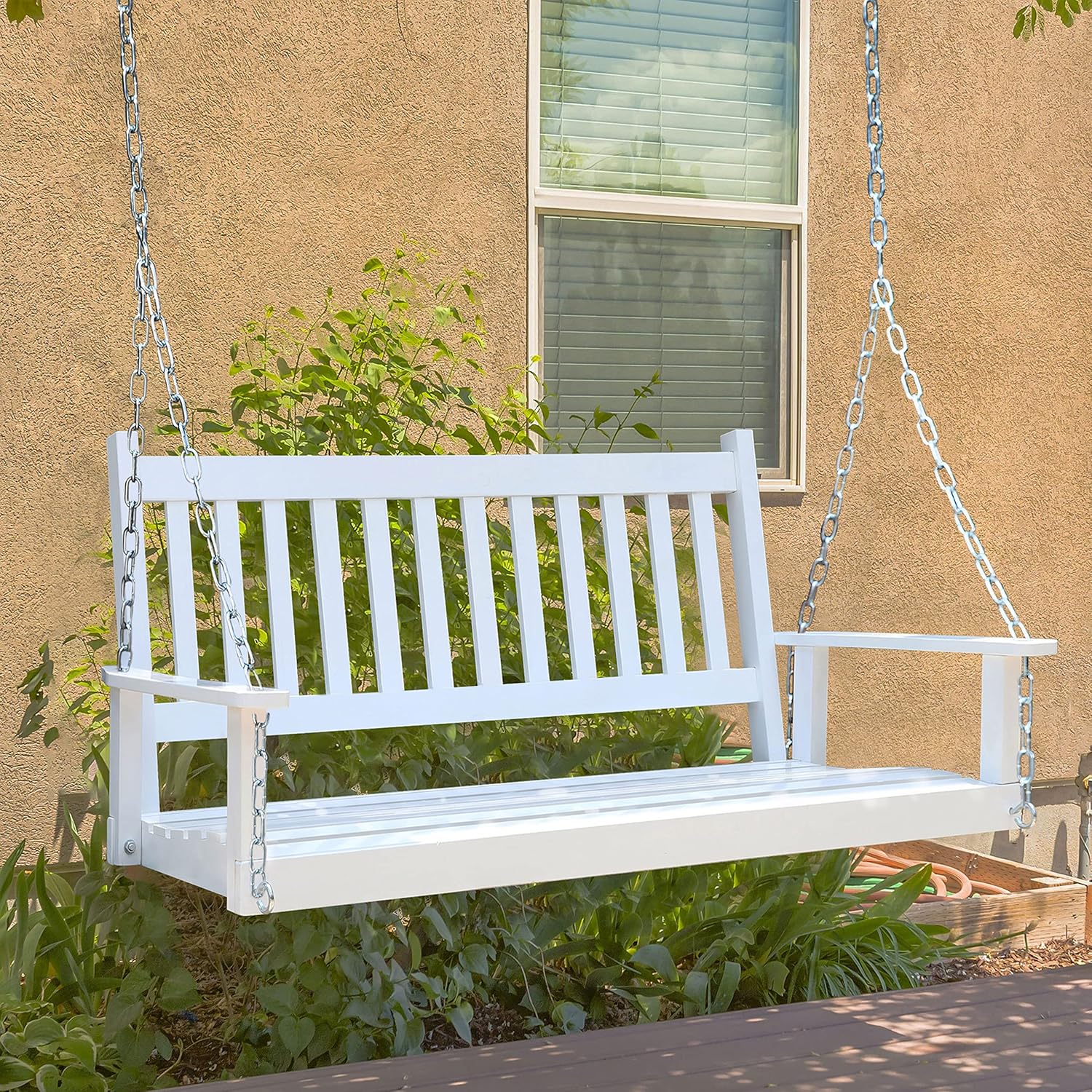 Outdoor Patio Hanging Wooden Porch Swing 5FT with Chains, 3-Person Heavy Duty Swing Bench for Garden and Backyard, White