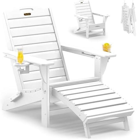 Folding Adirondack Chair with Retractable Ottoman Weather Resistant Fire Pit Chair Patio Chair with 2 Cup Holder Lounge Chairs (White)