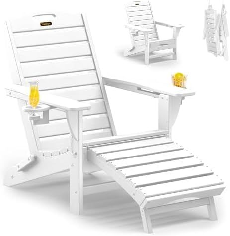 Folding Adirondack Chair with Retractable Ottoman Weather Resistant Fire Pit Chair Patio Chair with 2 Cup Holder Lounge Chairs (White)