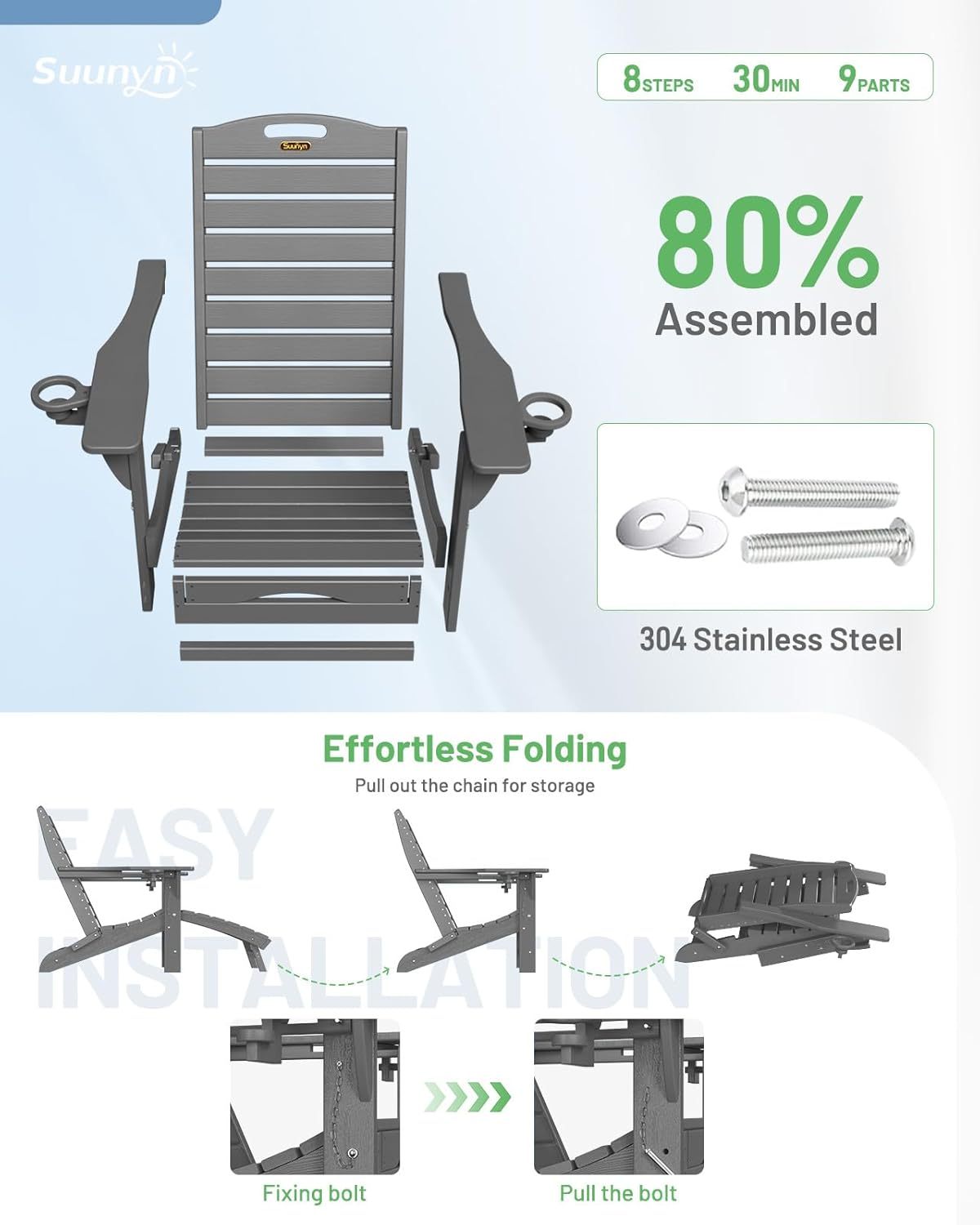 Folding Adirondack Chair with Retractable Ottoman Weather Resistant Fire Pit Chair Patio Chair with 2 Cup Holder Lawn Outdoor Lounge Chairs (Grey)