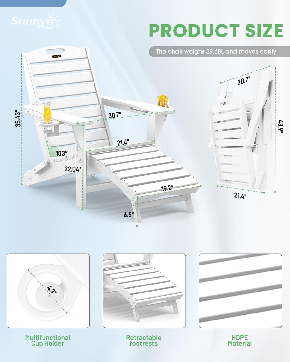 Folding Adirondack Chair with Retractable Ottoman Weather Resistant Fire Pit Chair Patio Chair with 2 Cup Holder Lounge Chairs (White)