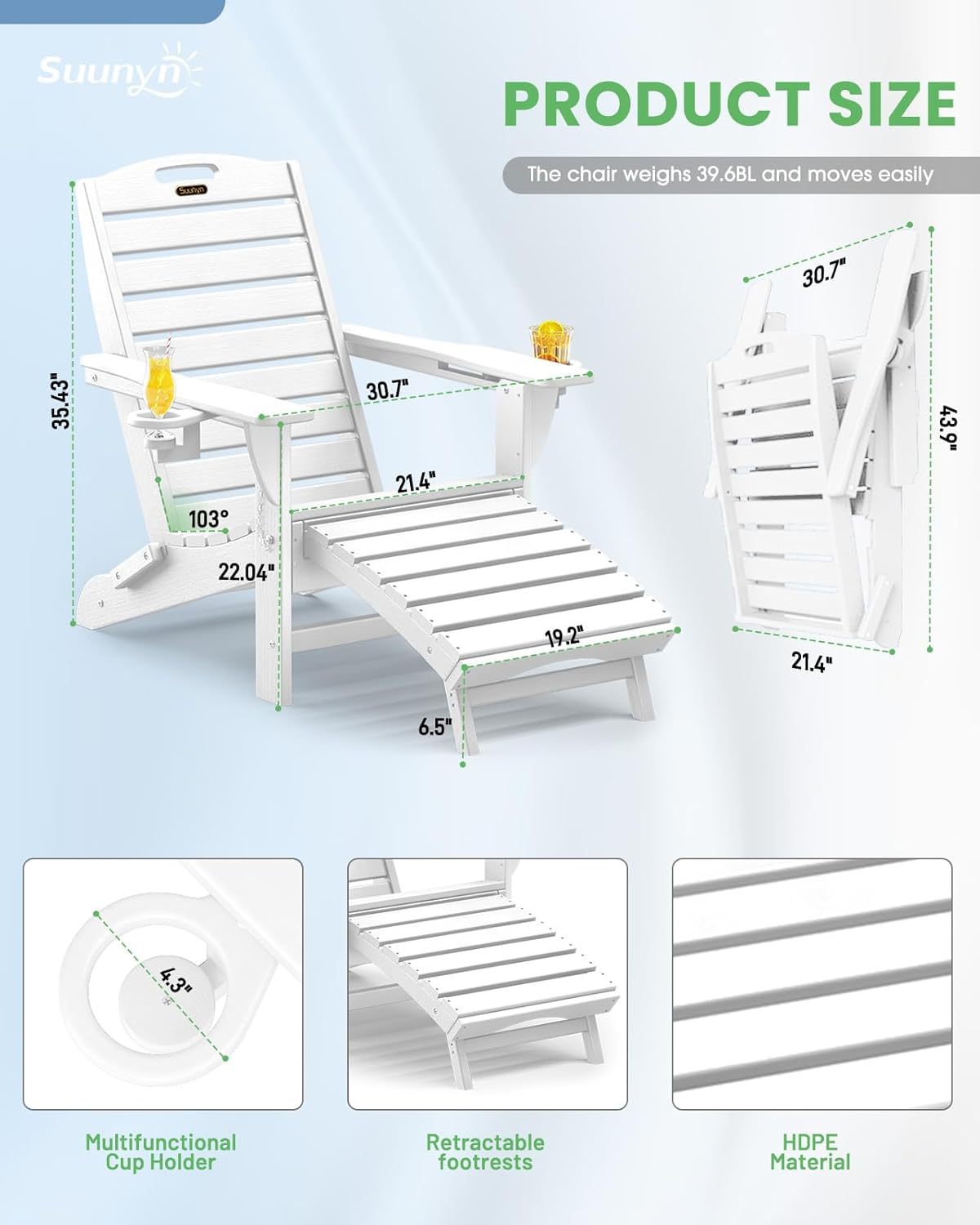 Folding Adirondack Chair with Retractable Ottoman Weather Resistant Fire Pit Chair Patio Chair with 2 Cup Holder Lounge Chairs (White)