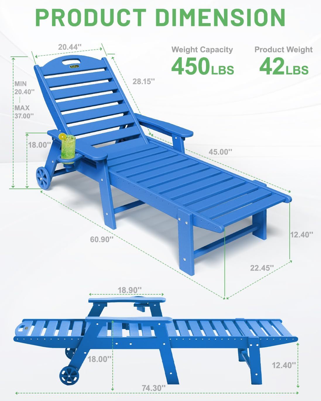 Patio Chaise Lounge, Navy Blue