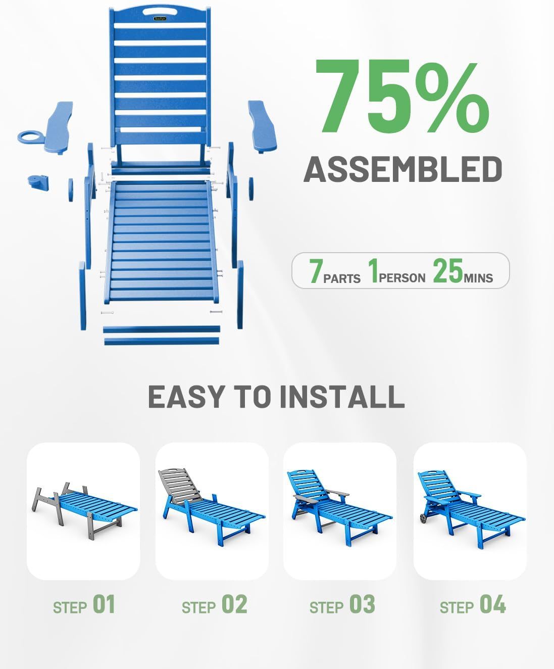 Patio Chaise Lounge, Navy Blue