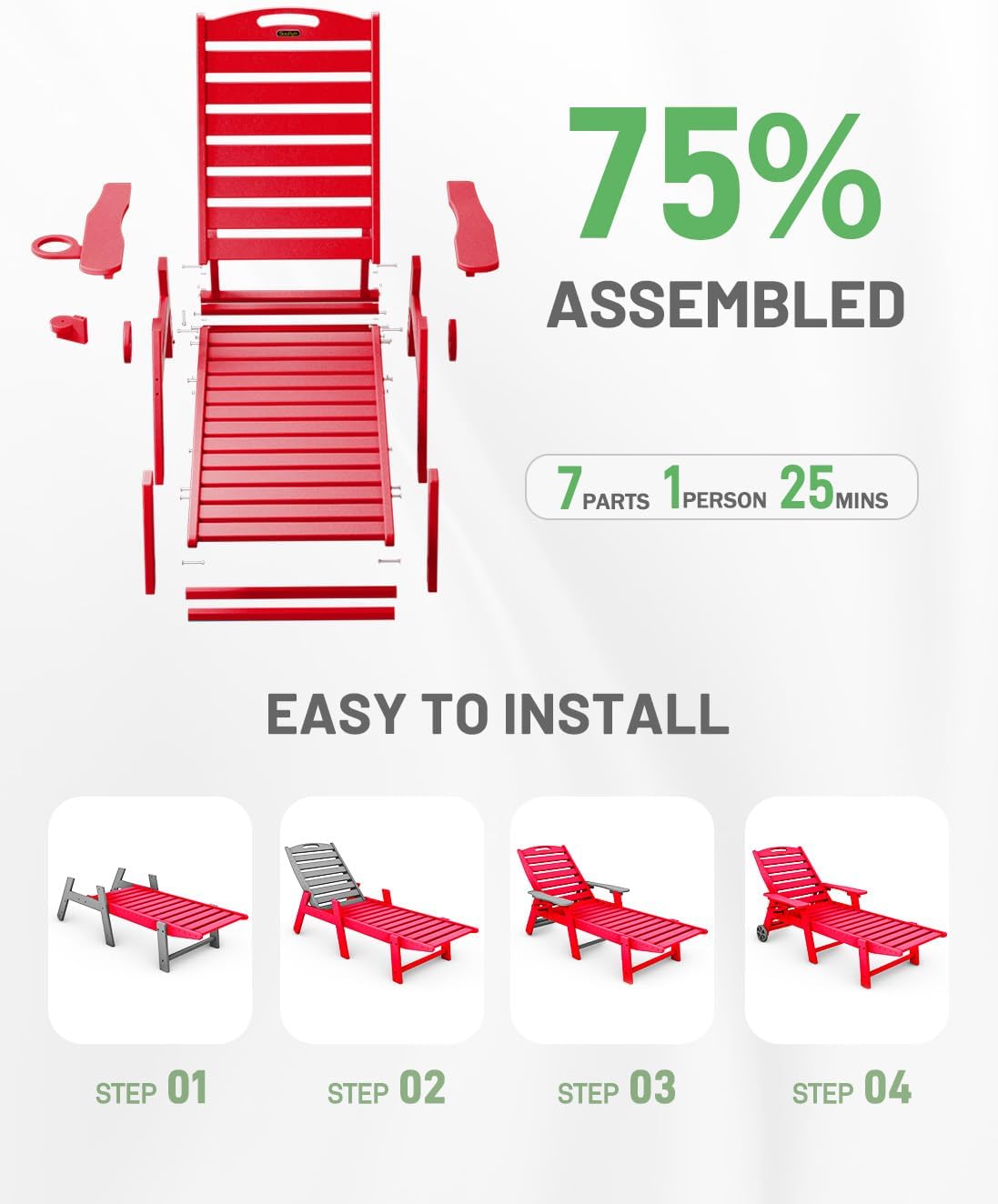 Chaise Lounge Chair Outdoor with Wheels, Red