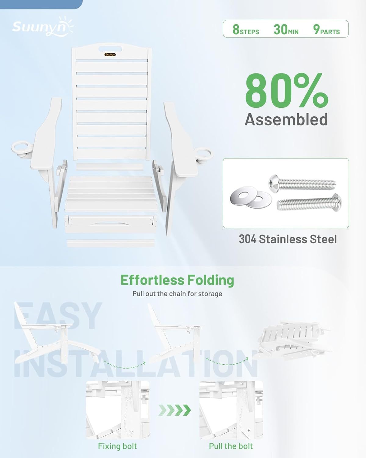 Folding Adirondack Chair with Retractable Ottoman Weather Resistant Fire Pit Chair Patio Chair with 2 Cup Holder Lounge Chairs (White)