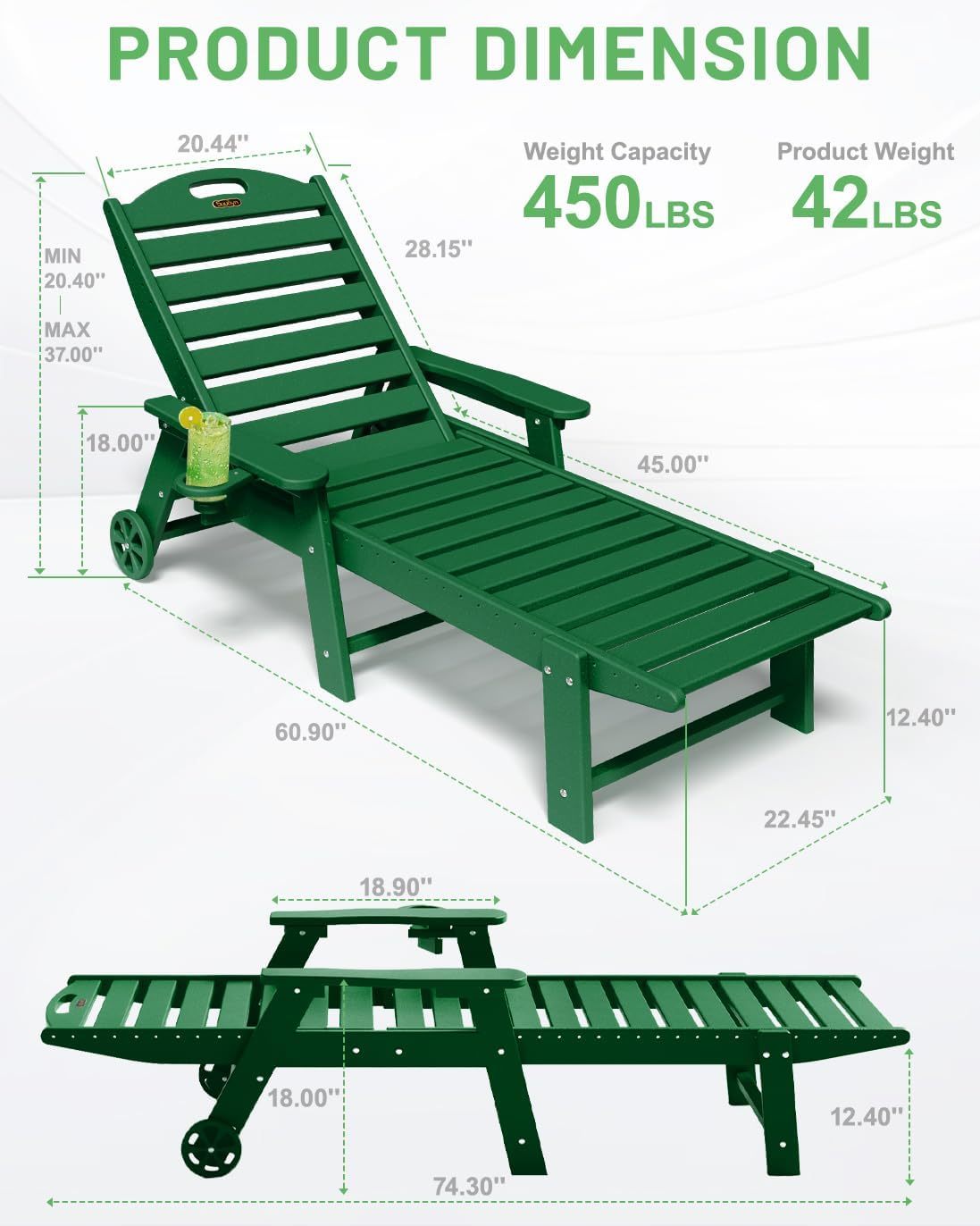 Chaise Lounge Outdoor with Wheels, Green