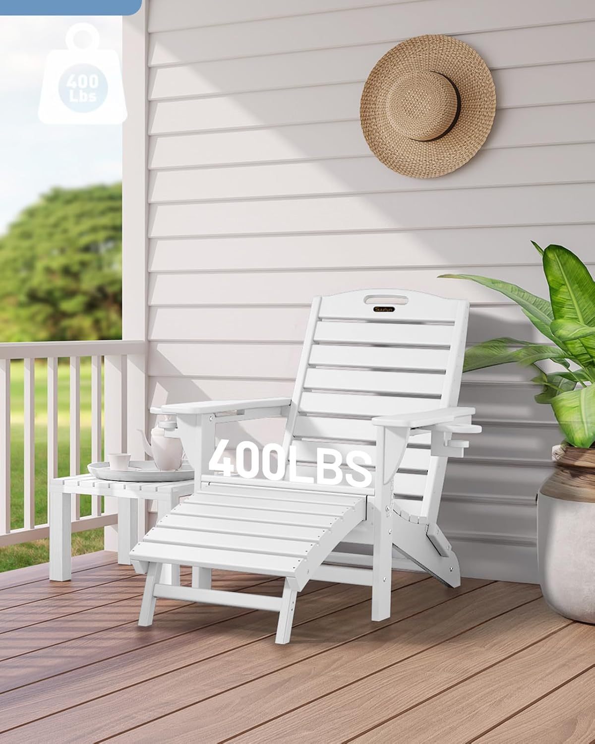 Folding Adirondack Chair with Retractable Ottoman Weather Resistant Fire Pit Chair Patio Chair with 2 Cup Holder Lounge Chairs (White)