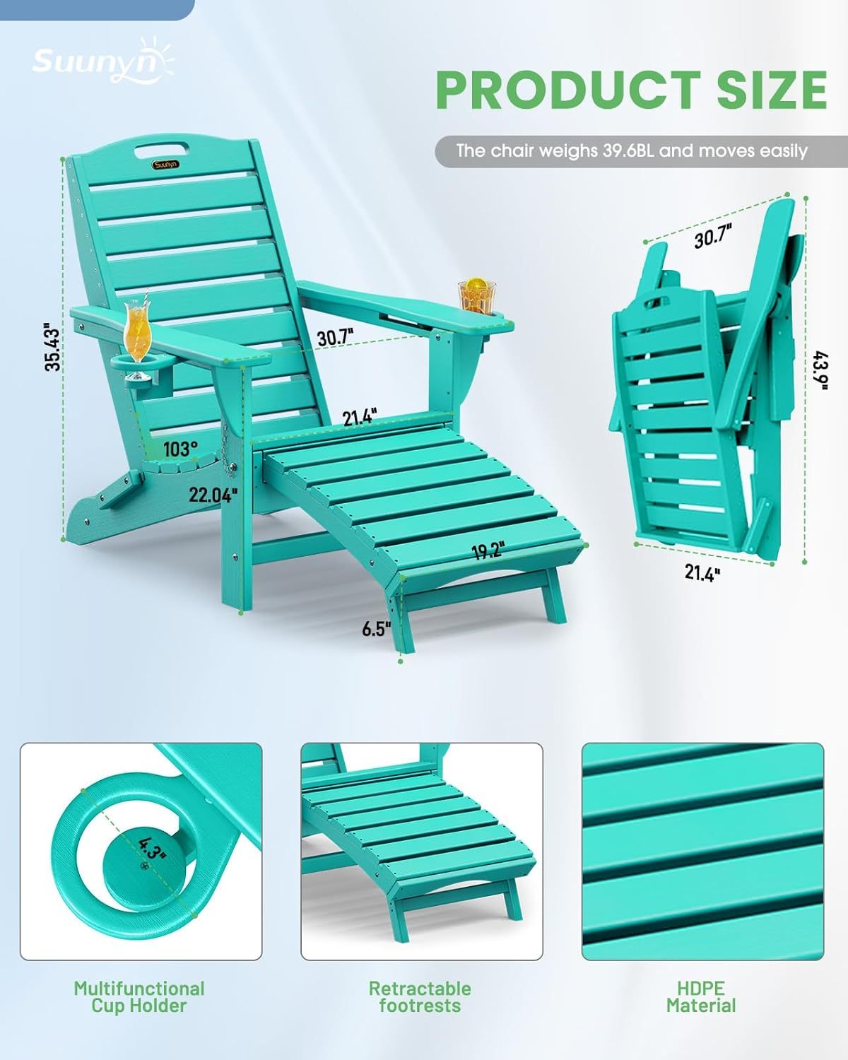 Folding Adirondack Chair with Retractable Ottoman Weather Resistant Fire Pit Chair Patio Chair with 2 Cup Holder Lawn Outdoor Lounge Chair (Lake Blue)