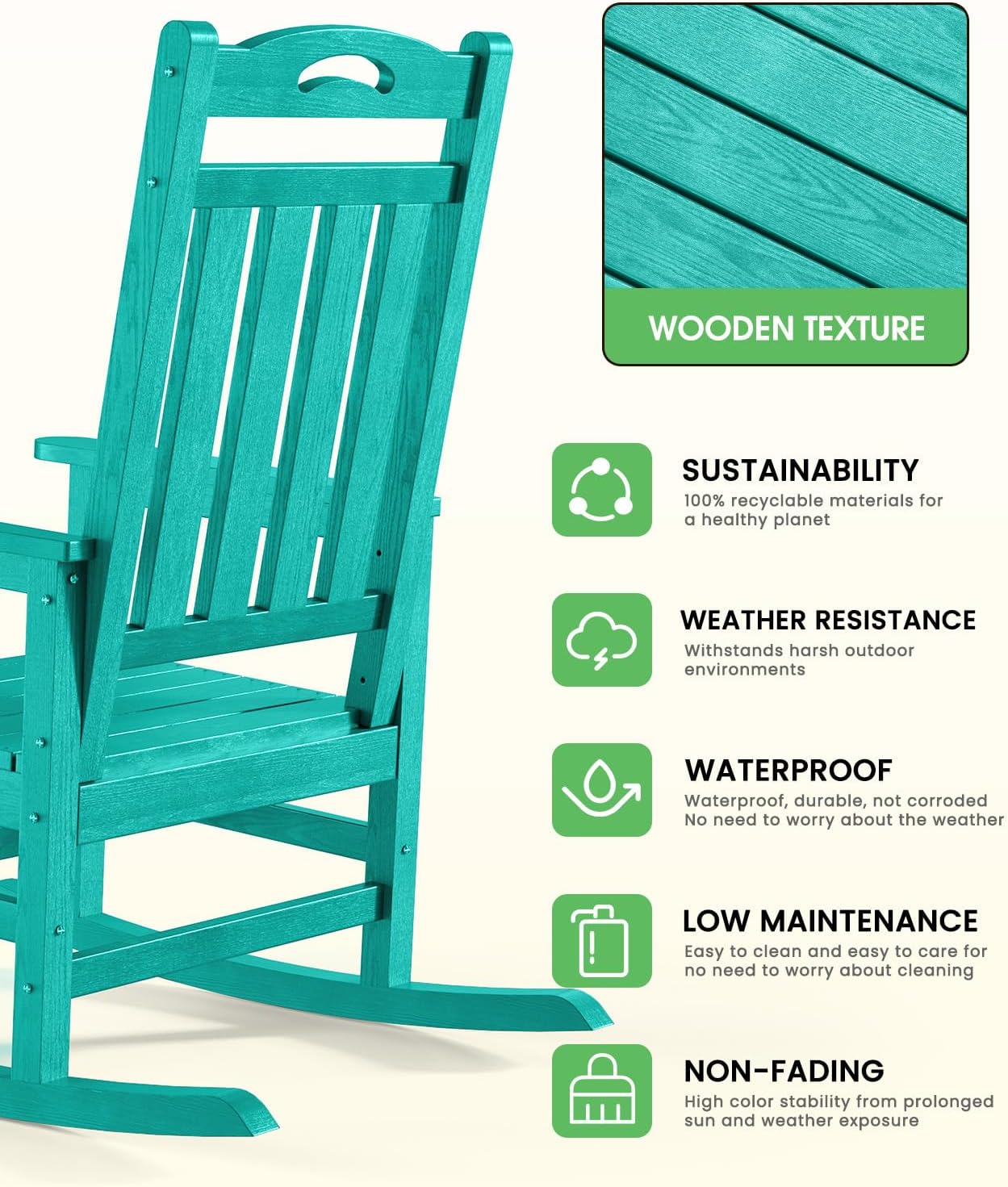 All Weather Resistant Rocking Chairs for Patio, 380lbs Weight Capacity, Lake Blue