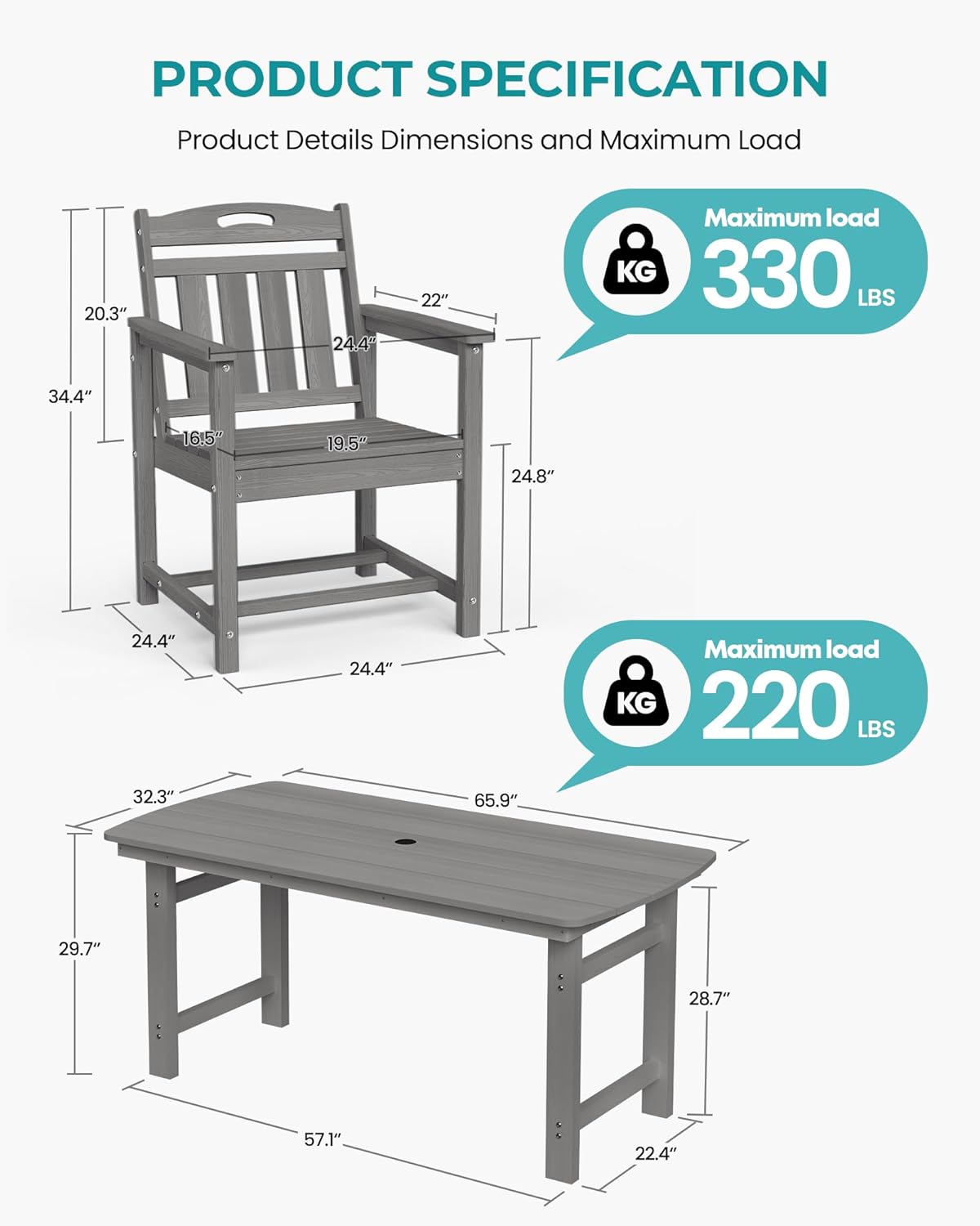 7-Piece Outdoor Patio Dining Set with Table & 6 Chairs Grey