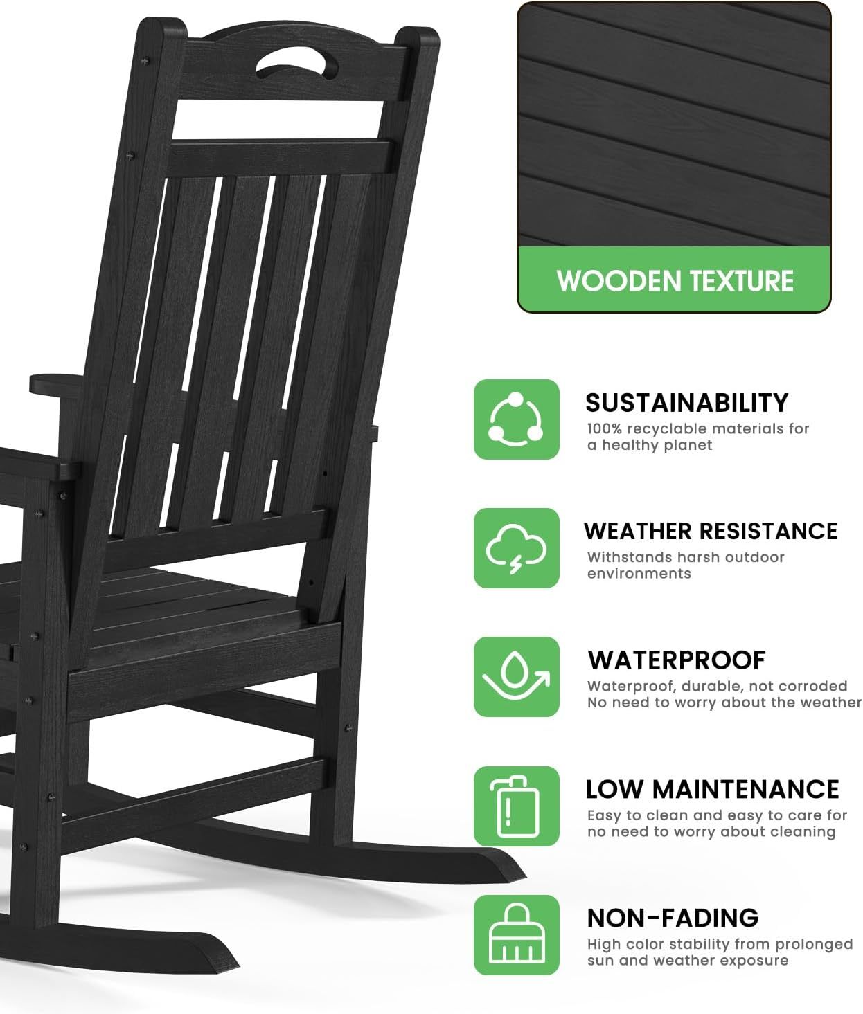 All Weather Resistant Rocking Chairs for Patio, 380lbs Weight Capacity, Black