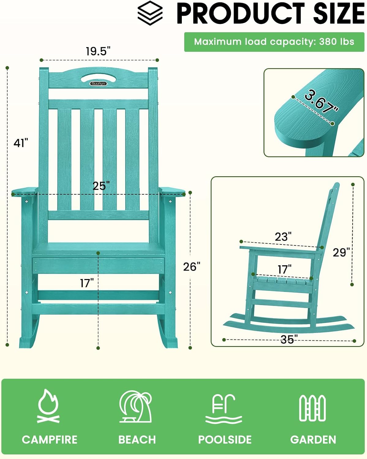 All Weather Resistant Rocking Chairs for Patio, 380lbs Weight Capacity, Lake Blue