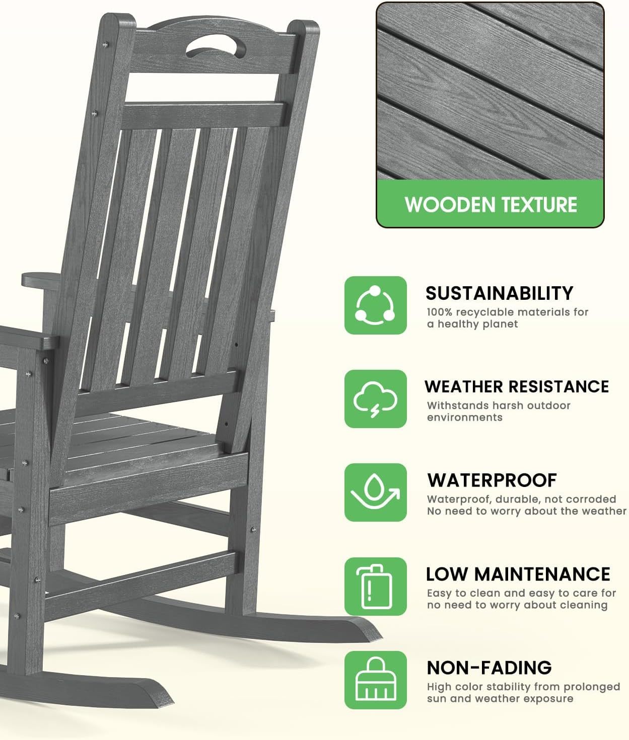 All Weather Resistant Rocking Chairs for Patio, 380lbs Weight Capacity, Grey