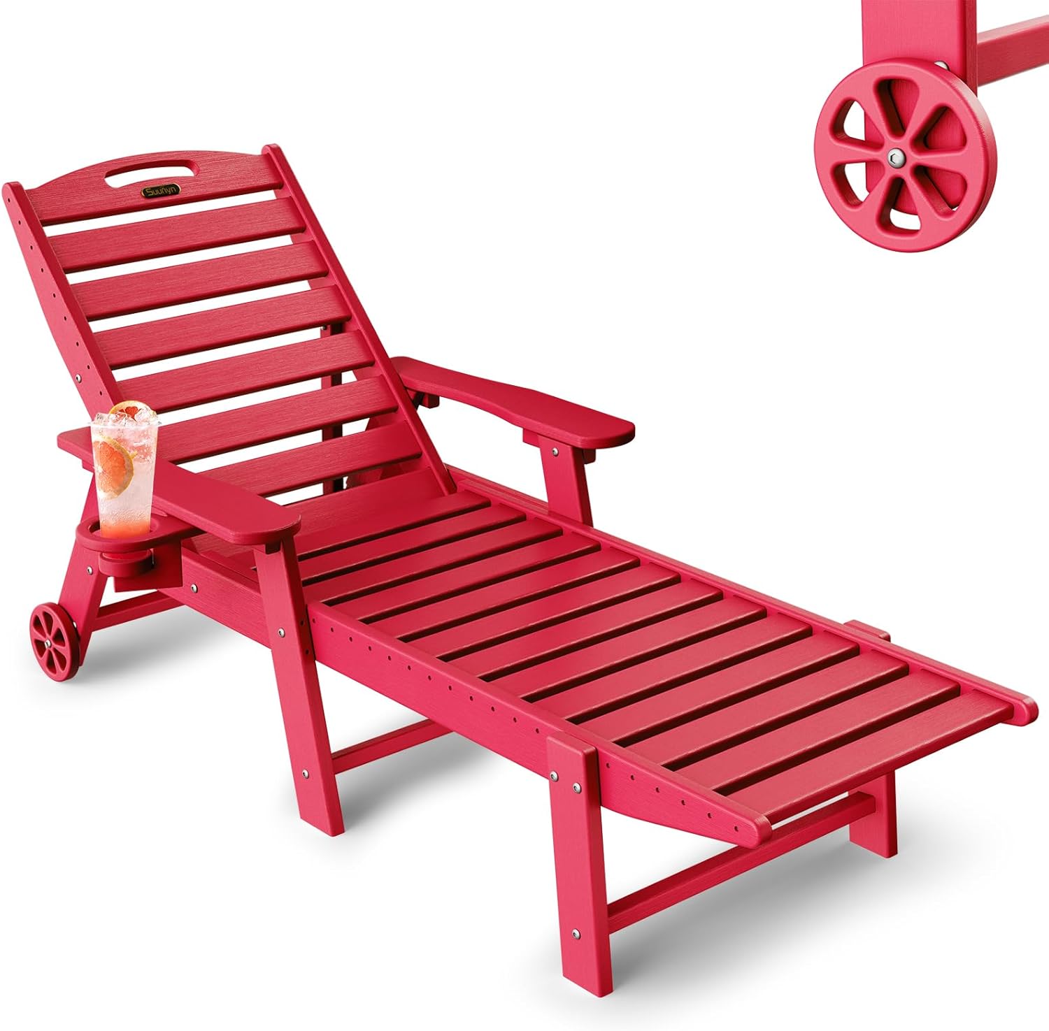 Chaise Lounge Chair Outdoor with Wheels, Red