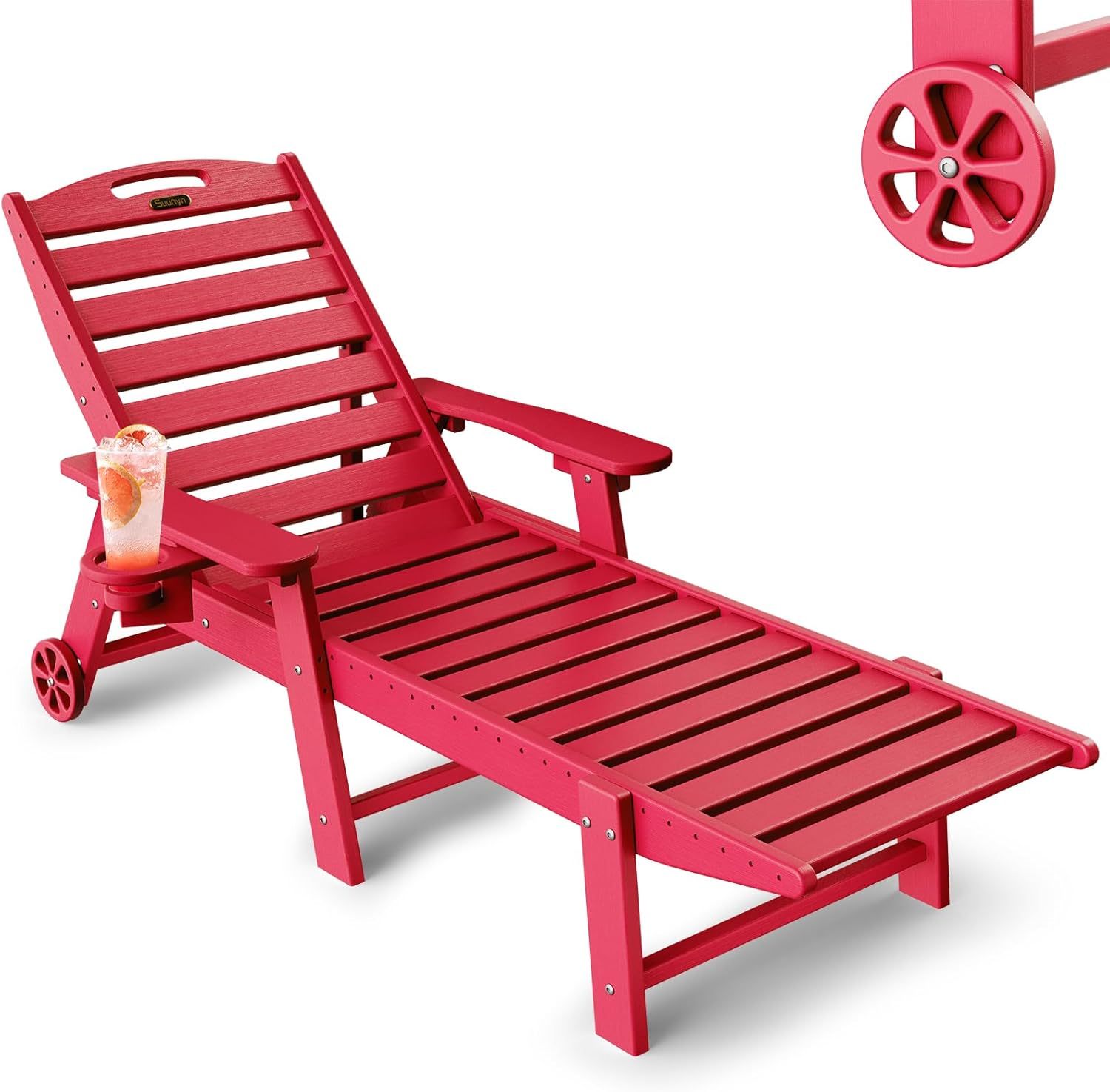 Chaise Lounge Chair Outdoor with Wheels, Red