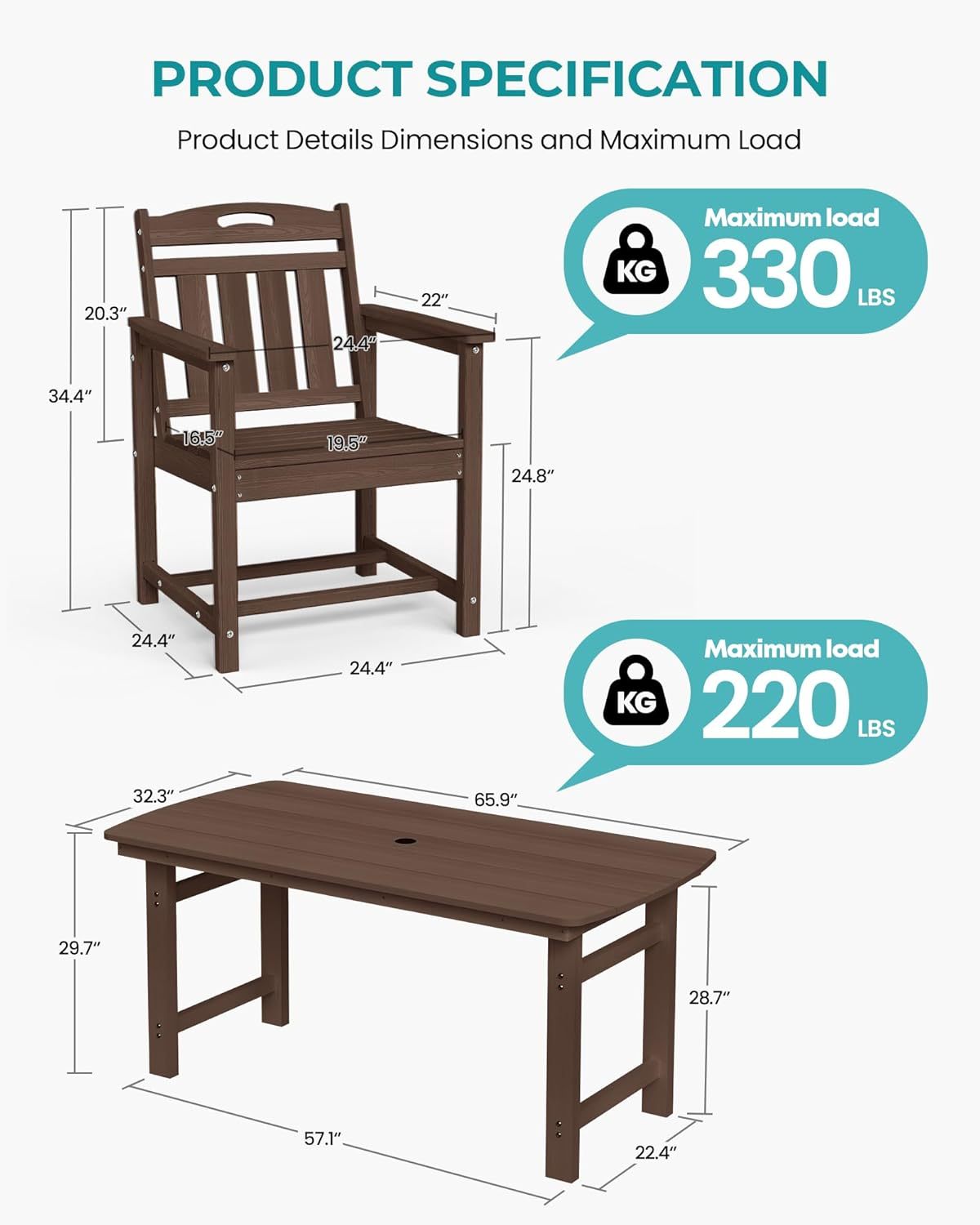 7-Piece Outdoor Patio Dining Set with Table & 6 Chairs, Teak