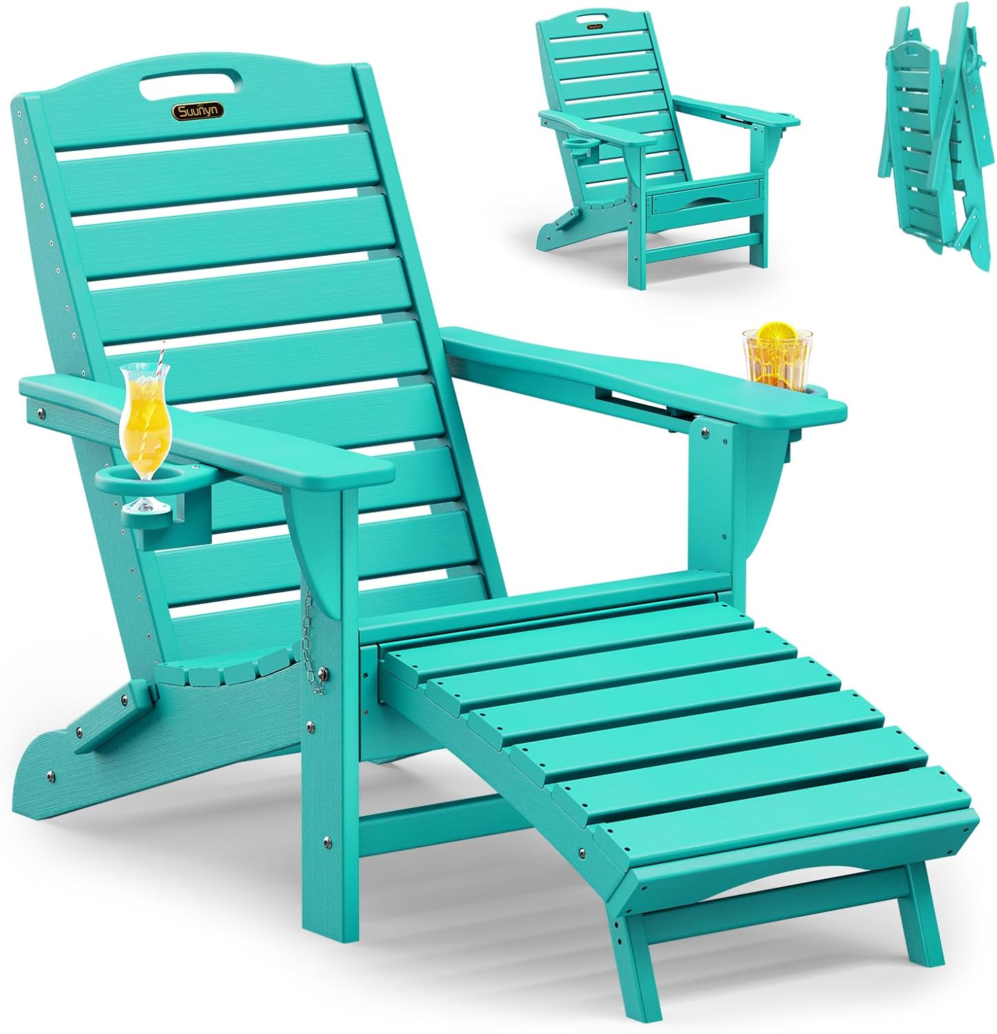 Folding Adirondack Chair with Retractable Ottoman Weather Resistant Fire Pit Chair Patio Chair with 2 Cup Holder Lawn Outdoor Lounge Chair (Lake Blue)