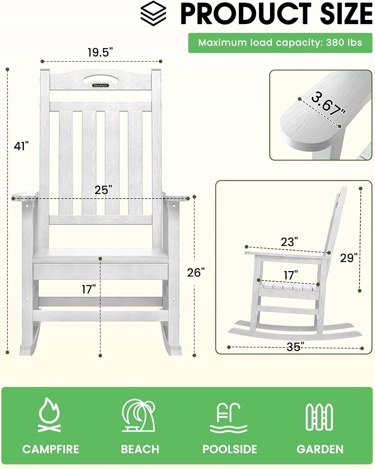Oversized Outdoor Rocking Chair, 380lbs Weight Capacity, White