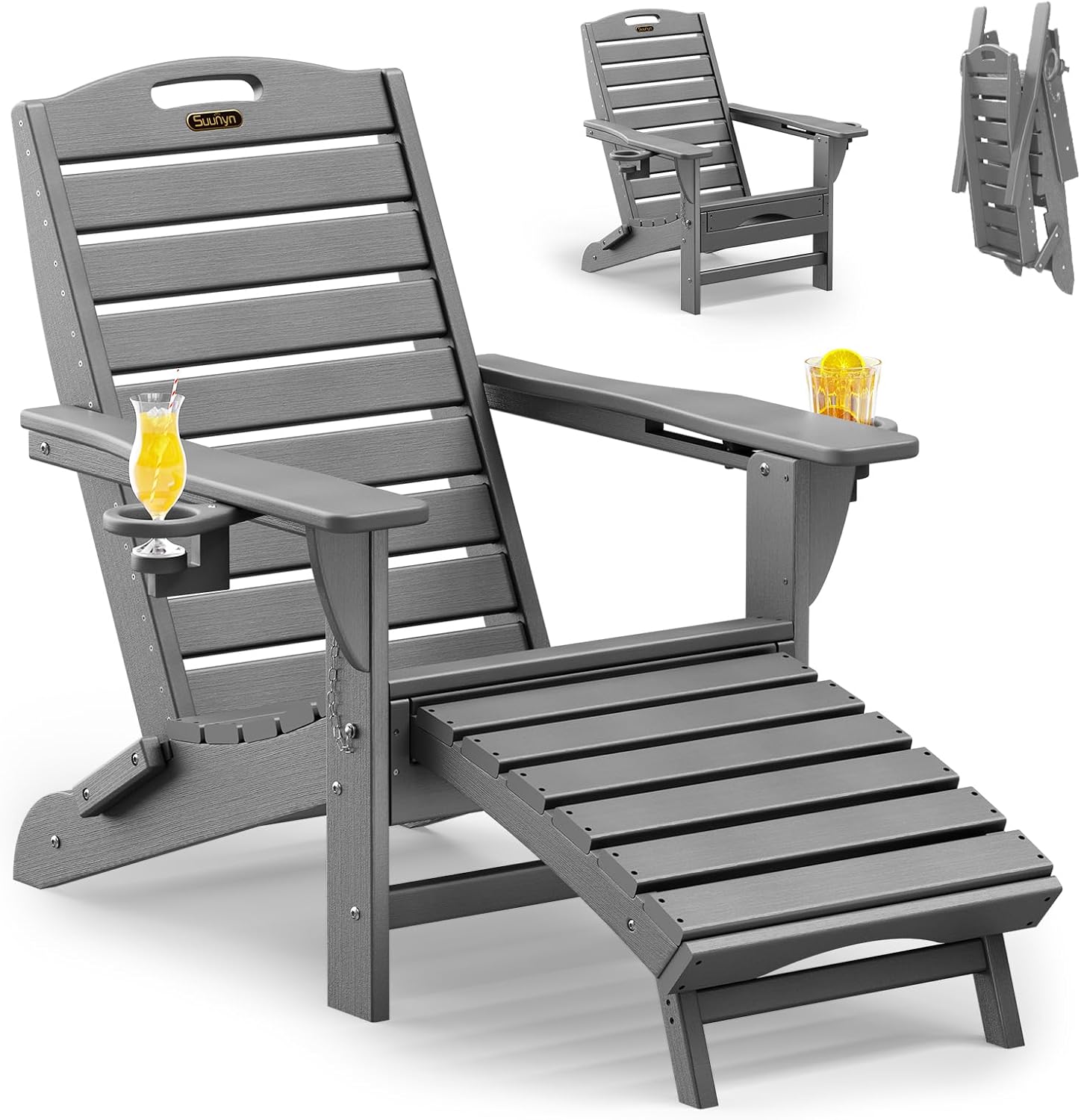 Folding Adirondack Chair with Retractable Ottoman Weather Resistant Fire Pit Chair Patio Chair with 2 Cup Holder Lawn Outdoor Lounge Chairs (Grey)