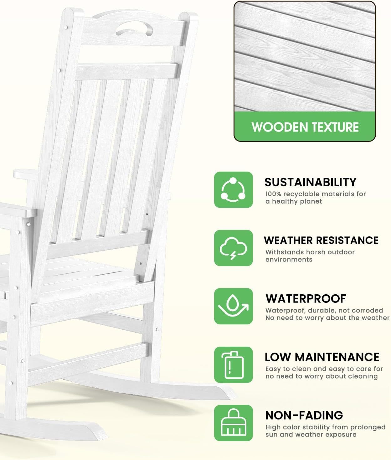 Oversized Outdoor Rocking Chair, 380lbs Weight Capacity, White