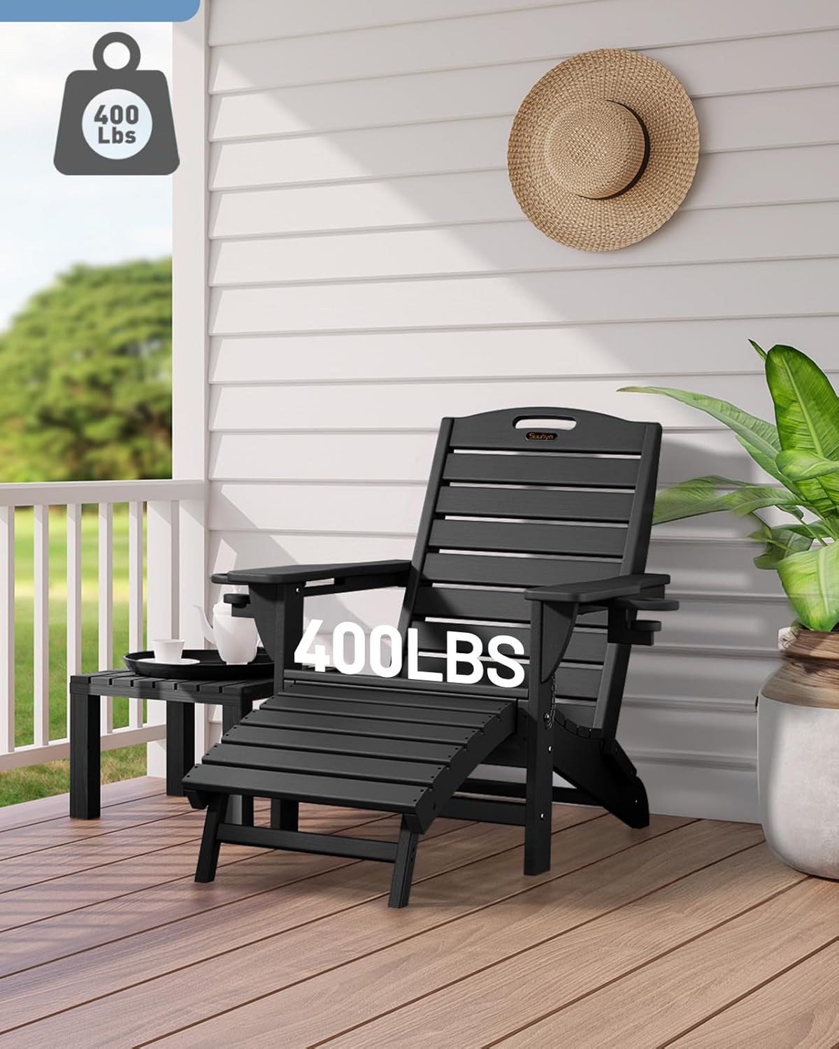 Folding Adirondack Chair with Retractable Ottoman Weather Resistant Fire Pit Chair Patio Chair with 2 Cup Holder Lawn Outdoor Lounge Chair (Black)