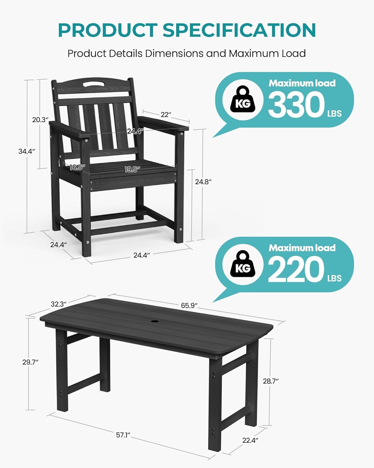 7-Piece Outdoor Patio Dining Set with Table & 6 Chairs Matte Black