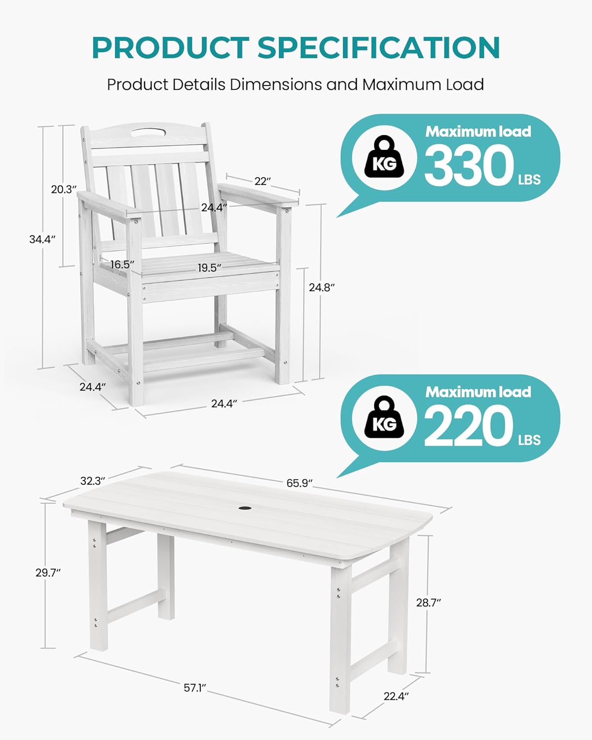 7-Piece Outdoor Patio Dining Set with Table & 6 Chairs, White