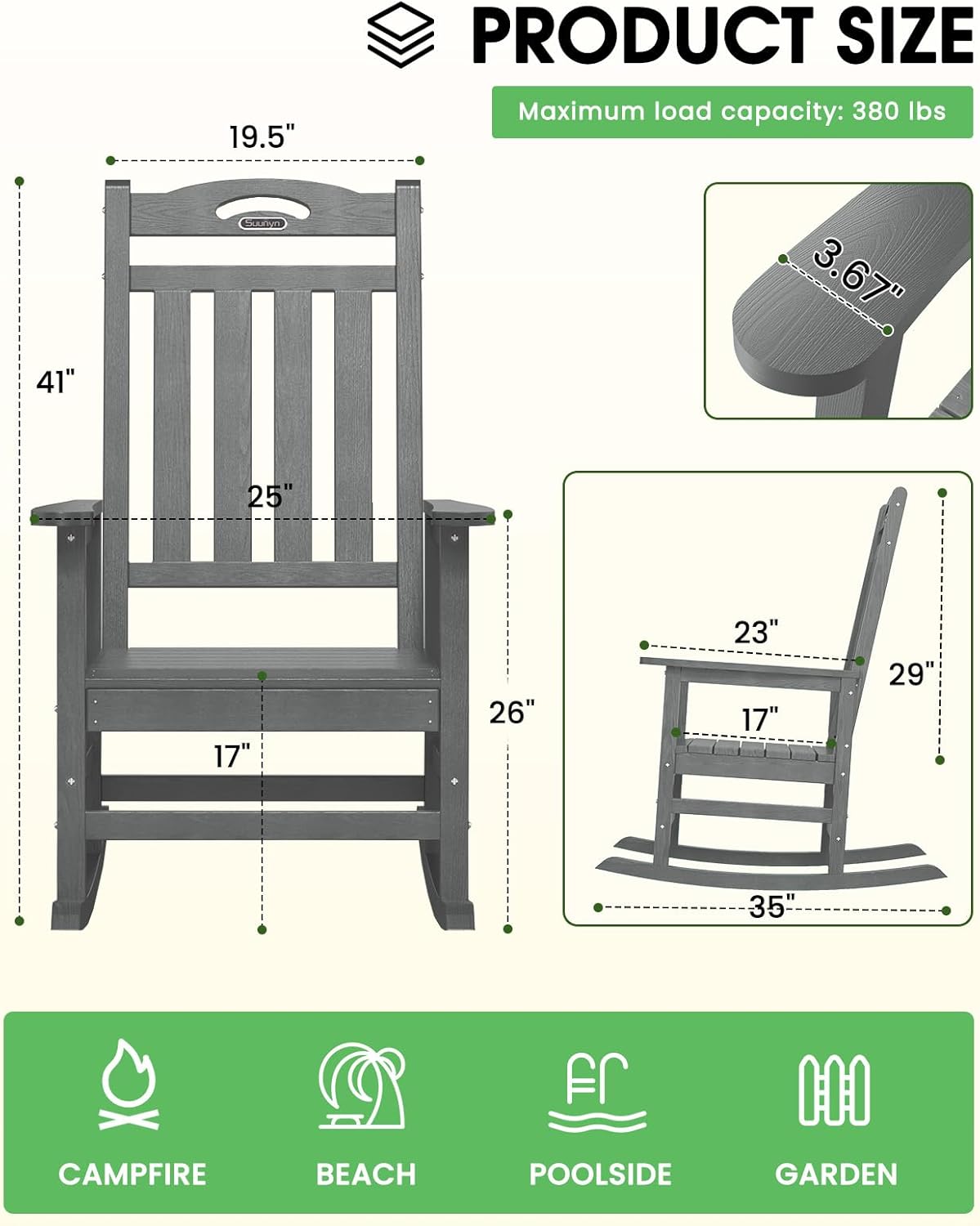 All Weather Resistant Rocking Chairs for Patio, 380lbs Weight Capacity, Grey