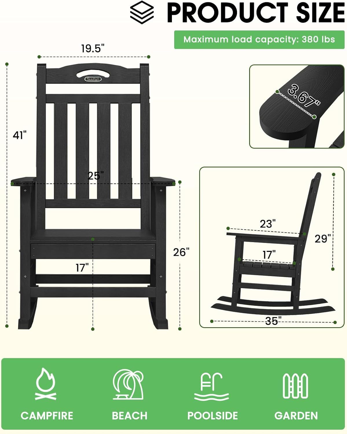 All Weather Resistant Rocking Chairs for Patio, 380lbs Weight Capacity, Black