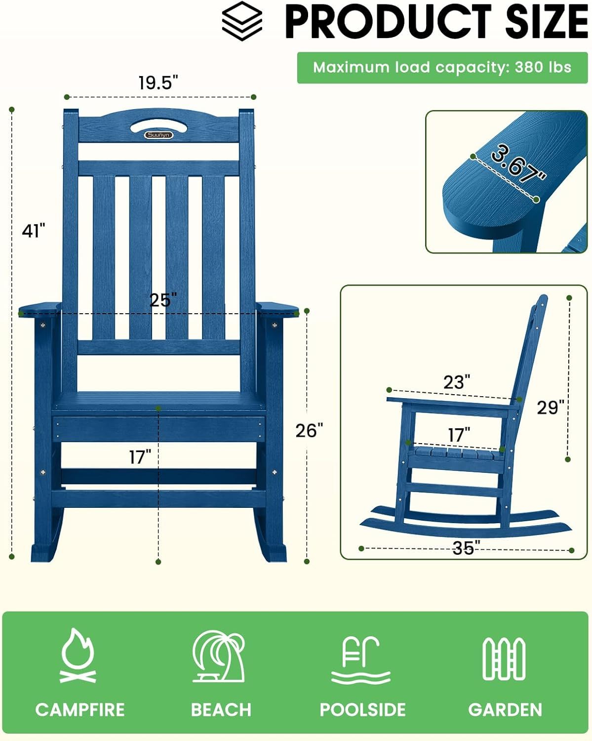 All Weather Resistant Rocking Chairs for Patio, 380lbs Weight Capacity, Navy Blue