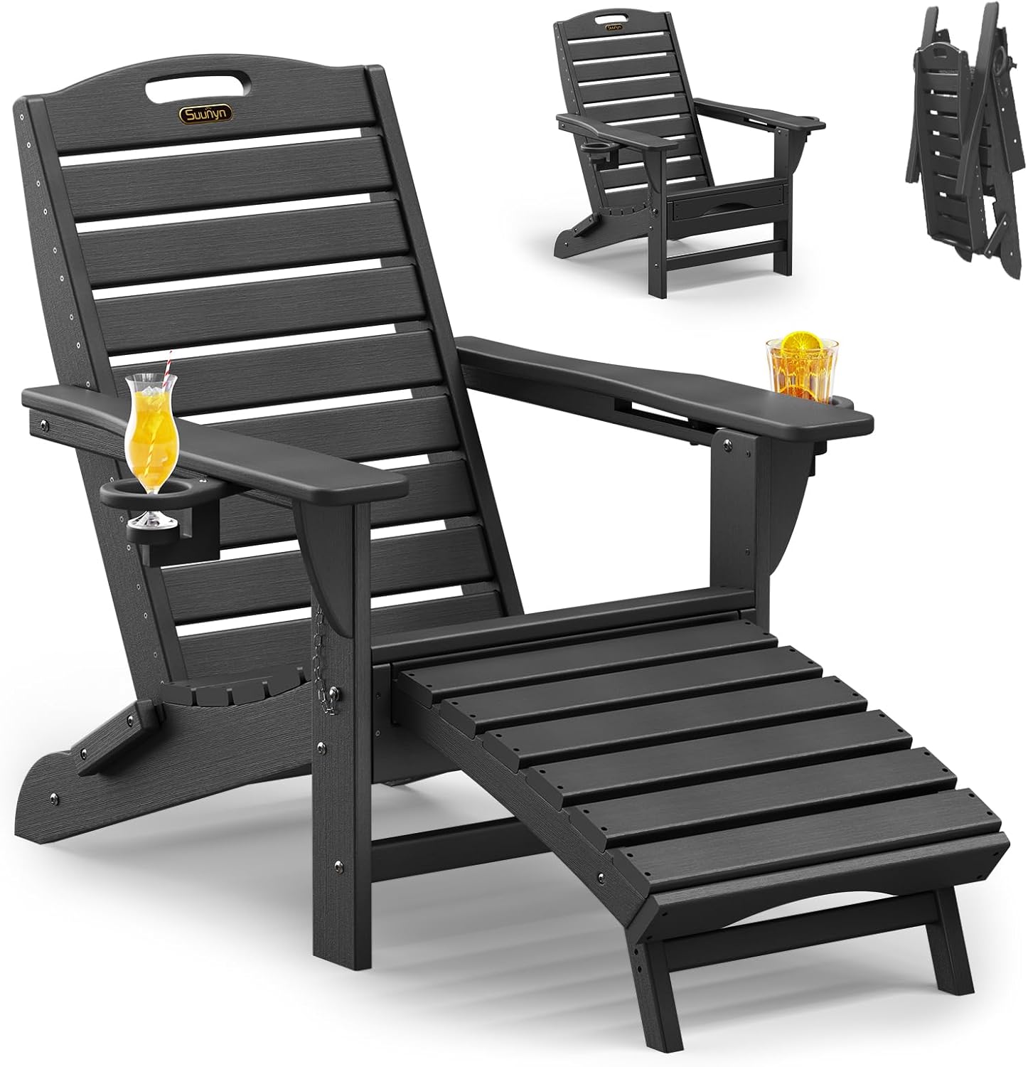 Folding Adirondack Chair with Retractable Ottoman Weather Resistant Fire Pit Chair Patio Chair with 2 Cup Holder Lawn Outdoor Lounge Chair (Black)