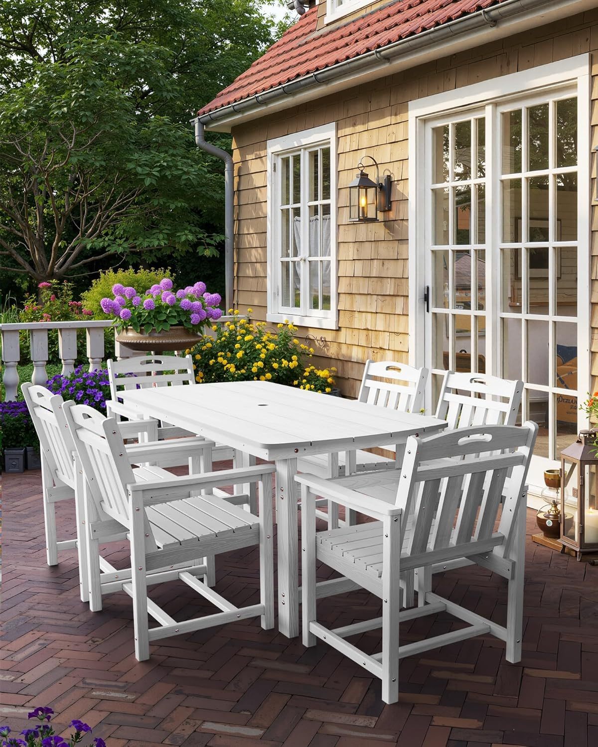 7-Piece Outdoor Patio Dining Set with Table & 6 Chairs, White