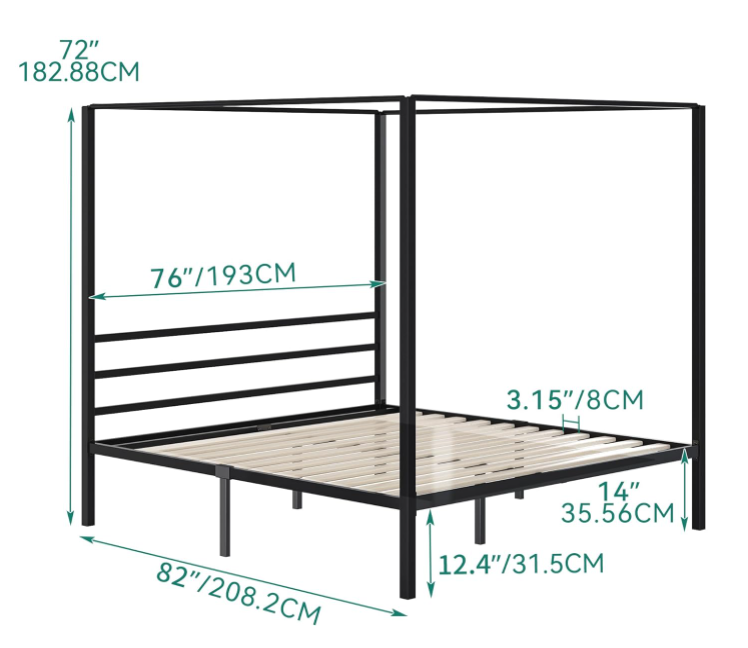 King Size Bed Frame, Metal Canopy Bed Frame with Wooden Slats Supports & 12.4 Underbed Storage