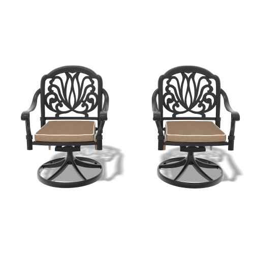 Cast Aluminum Patio Swivel Chair 2PCS With Black Frame and Brown Cushions