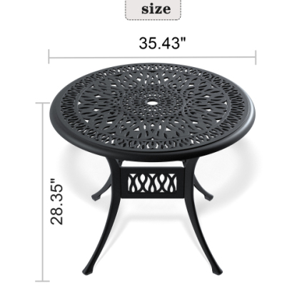 Ø35.43-inch Cast Aluminum Patio Dining Table With Black Frame and Umbrella Hole 