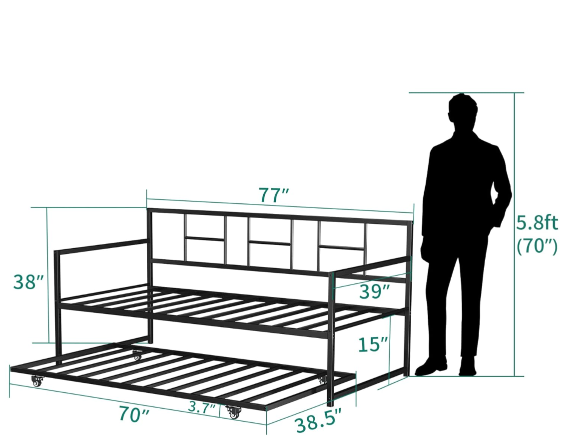 Daybed with Trundle, Twin Size Trundle Bed Adjustable Height, Metal Bed Frame Heavy Duty Metal Slats Support