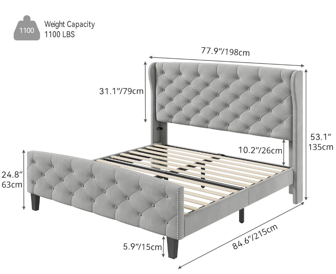 King Size Upholstered Bed Frame, Velvet Platform Bed with Deep Button Tufted Headboard & Nailhead Trim Wingback Footboard