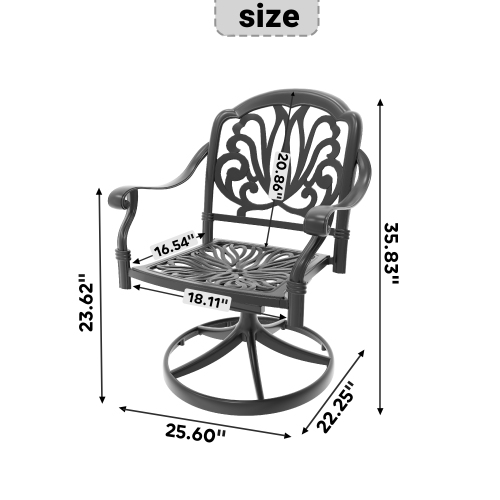 Cast Aluminum Patio Swivel Chair 2PCS With Black Frame and Brown Cushions