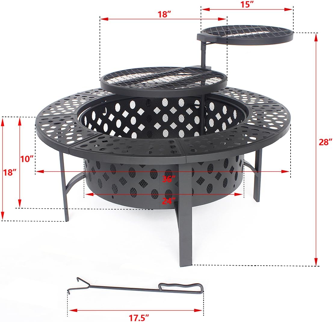36 Inch Fire Pit with 2 Grills, Wood Burning Fire Pits for Outside with Lid, Poker and Round Waterproof Cover