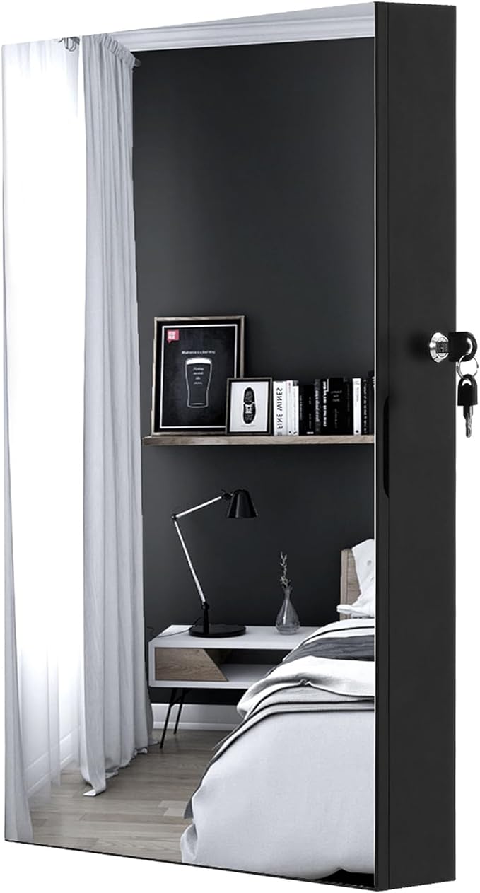 Lockable Jewelry Cabinet Armoire with Mirror, Wall-Mounted Mirror with Jewelry Storage