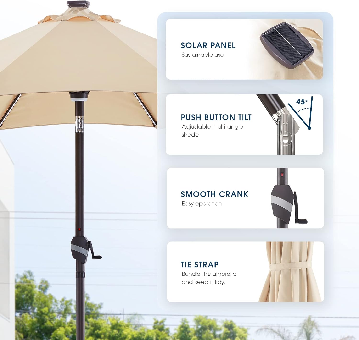 9 FT Outdoor Solar Patio Umbrella LED Table Umbrellas with 16 LED Strip Lights & Hub Light