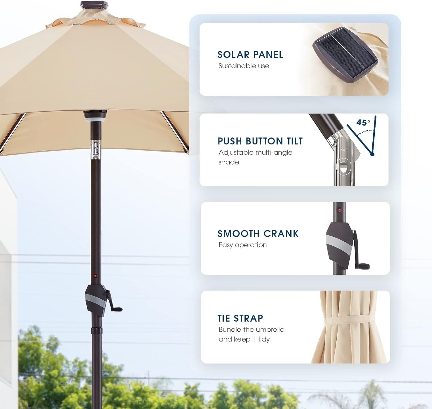 9 FT Outdoor Solar Patio Umbrella LED Table Umbrellas with 16 LED Strip Lights & Hub Light