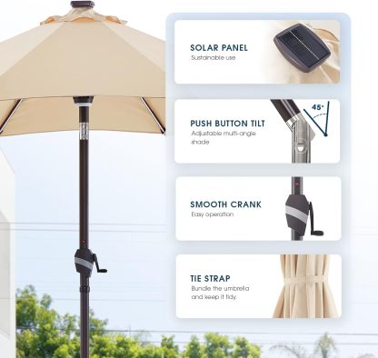9 FT Outdoor Solar Patio Umbrella LED Table Umbrellas with 16 LED Strip Lights & Hub Light