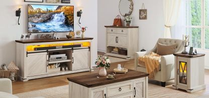Farmhouse TV Stand 3-Piece Sets, Includes Sliding Barn Door TV Stand and 2Pcs Nightstand, LED Console Table