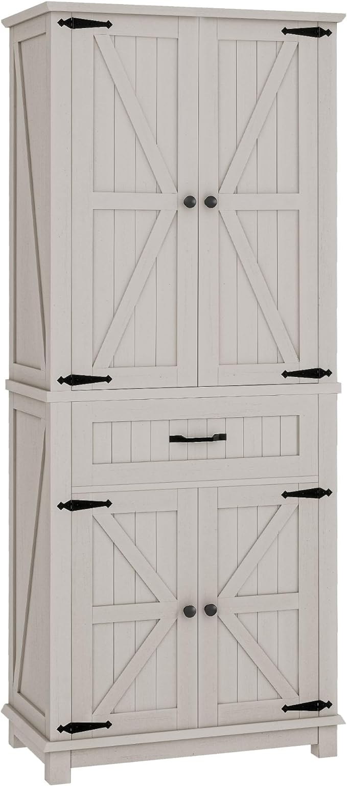 72" Tall Farmhouse Pantry Cabinet, Kitchen Storage Cabinet with Drawer and 2 Barn Doors