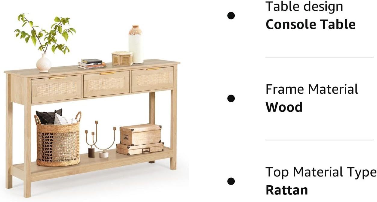 51" Console Table, Oak Grain Sofa Table with Wood Frame, Rustic Hallway Table with 3 Bamboo Weaving Storage Drawers and Shelf for Foyer Living Room Entryway